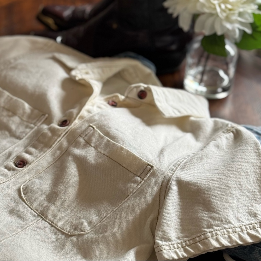 Denim Cream Short Sleeve Button Up Dress